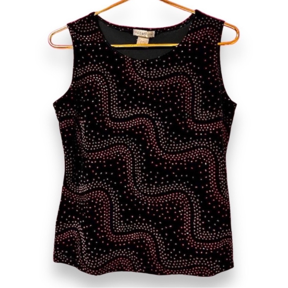 Vintage Y2K Notations Black Velvet Tank Top Red Glitter Women’s Size Small Party